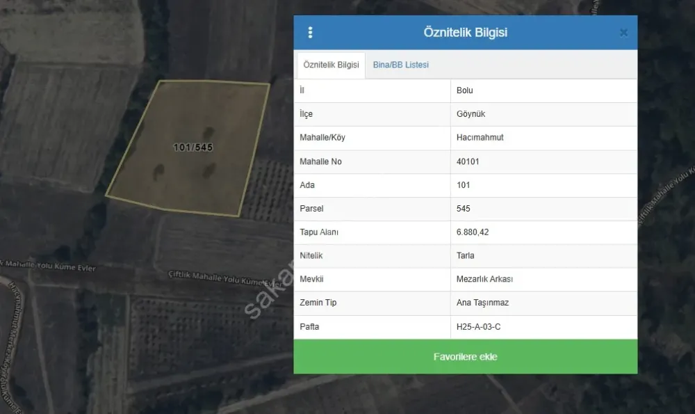 GÖYNÜK HACIMAHMUT KÖYÜNDE 6880 m² YATIRIM DEĞERİ YÜKSEK ARAZİ